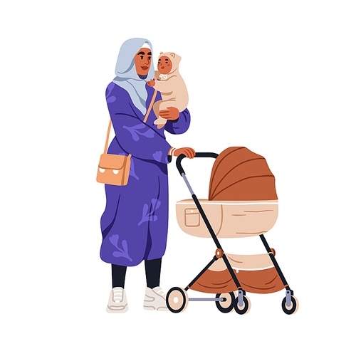 Muslim mother holding baby in arms. Arab mom in hijab with infant in hands, standing with pram, stroller during walk, stroll with kid, child. Flat vector illustration isolated on white background.