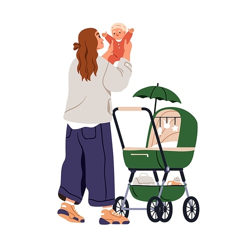 Mother holding baby in hands. Happy mom with infant in arms, walking with pram, stroller. Woman parent strolling with newborn kid, child. Flat vector illustration isolated on white background.