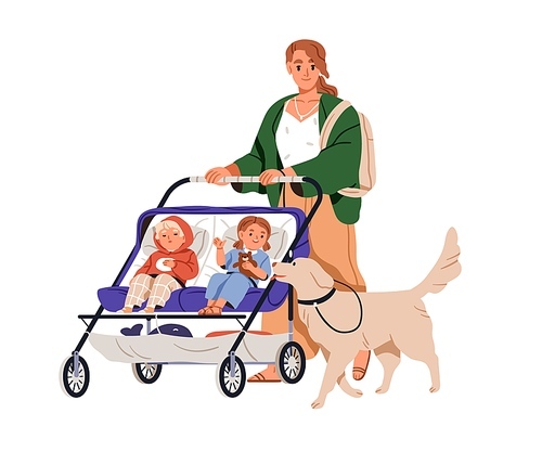 Mother, dog and twins in tandem stroller. Mom walking with two children in pram and puppy pet. Woman with toddlers kids strolling. Flat graphic vector illustration isolated on white background.