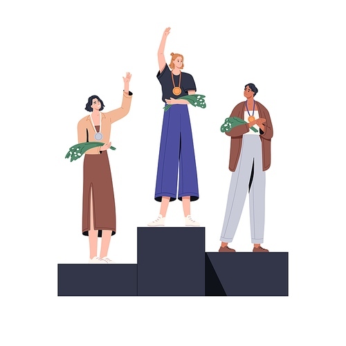 People winners on pedestal. Business women champions stand on podium with awards, celebrate victory, first and prize places on ceremony. Flat graphic vector illustration isolated on white background.