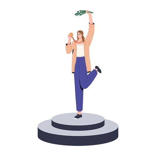 Winner celebrating victory, standing on pedestal with award. Best in championship, leader on podium. Happy woman with medal and flowers. Flat vector illustration isolated on white background.