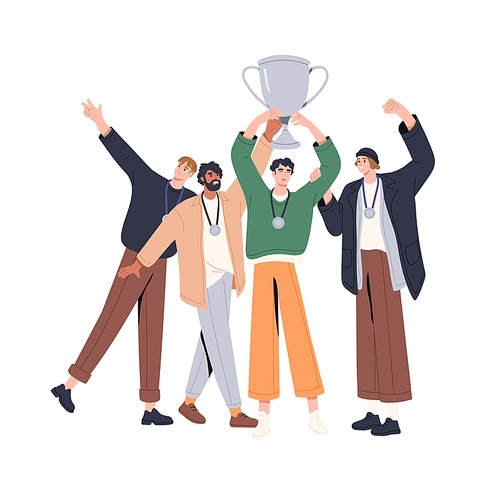 People holding winners goblet, cup for victory in competition. Champions with trophy, medals and chalice. Team with awards. Success concept. Flat vector illustration isolated on white background.