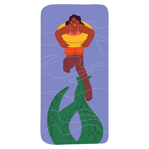Hydrophobia, phobia of water concept. Scared woman swim on lifebuoy, monster underwater by tentacles touches girl with mental disorder. Psychology of fear, panic adult person. Flat vector illustration.