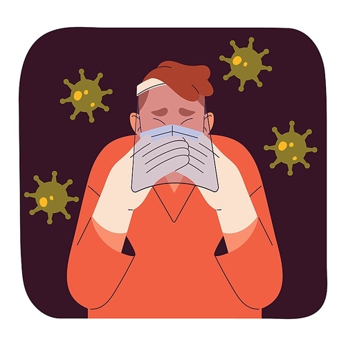 Nosophobia, phobia of illness concept. Sad and fear man in mask and gloves save self from bacteria and virus. Precautions, irrational panic, psychology and mental disorders. Flat vector illustration.