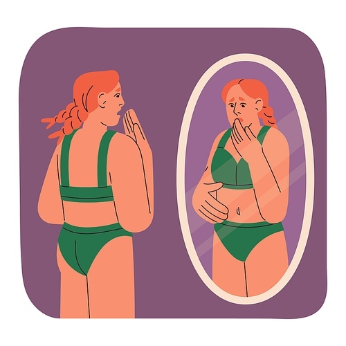 Bulimia, anorexia, phobia of overweight concept. Woman looks in mirror, fear to eat, afraid about weight, control nutrition, diet. Psychology and mental disorder with eating. Flat vector illustration.