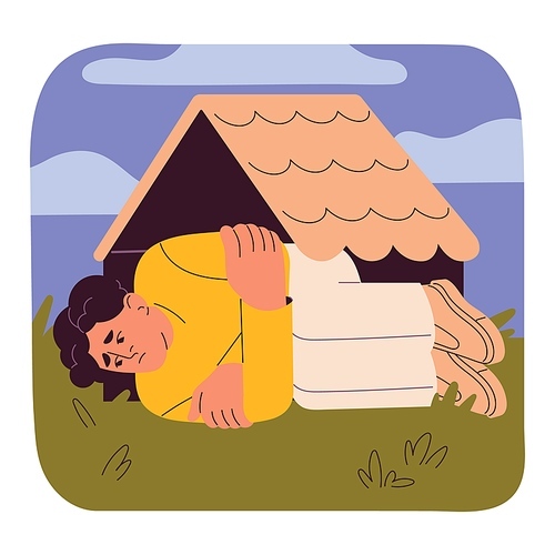Agoraphobia, sociophobia, phobia of crowd concept. Man lying at home alone, afraid big gathering of people. Loneliness and panic attacks. Psychology of fear, mental disorder. Flat vector illustration.