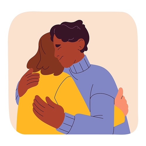 Man hug friend, scared solitude, need company, trust and support, afraid isolation. Autophobia, monophobia, phobia of loneliness concept. Friendship help with mental disorder. Flat vector illustration.