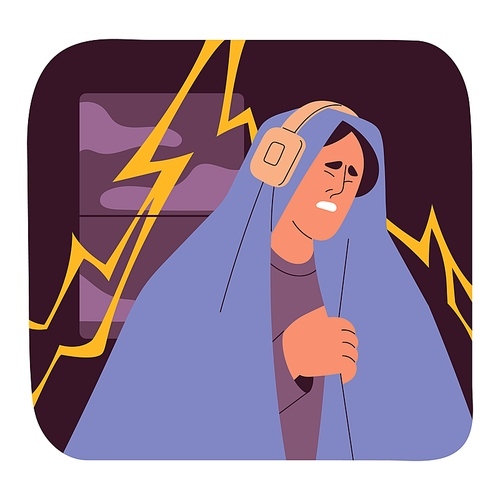 Brontophobia, phobia of thunderstorm concept. Scared person hid under blanket with headphones from lightning, thunder. Irrational suffer, psychology of fear, mental disorders. Flat vector illustration.