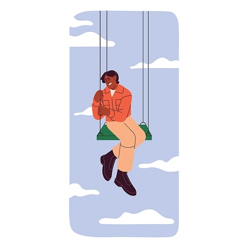 Acrophobia, phobia of height concept. Scared person sit on swing in sky around clouds, holding fast, afraid and panic. Irrational suffer, psychology of fear, mental disorders. Flat vector illustration.