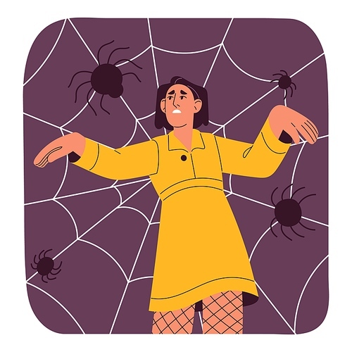 Fear of spiders, arachnophobia concept. Scared woman with spiderweb phobia, afraid of web, cobweb and arachnid insects. Frightened anxious nervous person in panic, stress. Flat vector illustration.