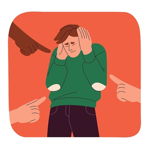 Scared man feel shame and social condemnation, victim of bullying. Enissophobia, phobia of public censure, accuse and criticism concept. Psychology of fear, mental disorder. Flat vector illustration.
