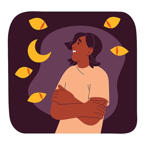 Nyctophobia, phobia of darkness concept. Man afraid monster, scared and panic, creepy eyes followed person from dark. Psychology of fear, mental disorder, anxious imagination. Flat vector illustration.