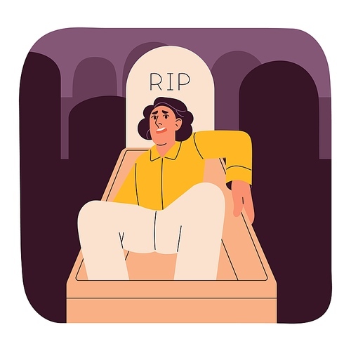 Thanatophobia, phobia of death concept. Person fell into grave, man afraid dying, be buried alive, scare about end. Psychology of fear, mental disorder, psychological problem. Flat vector illustration.