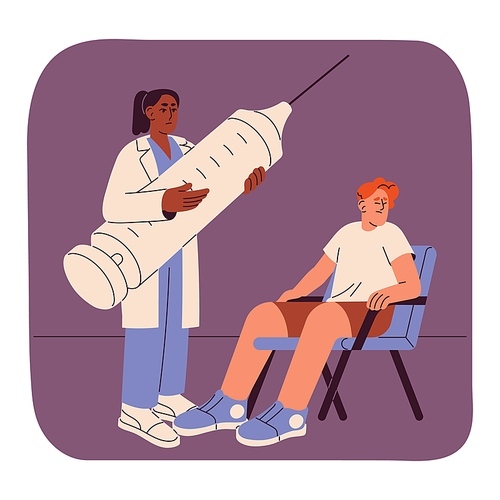 Patient with fear of needle, syringe, doctor and vaccine. Medical treatment phobia, trypanophobia concept. Nervous anxious man afraid of injection, vaccination, hospital. Flat vector illustration.