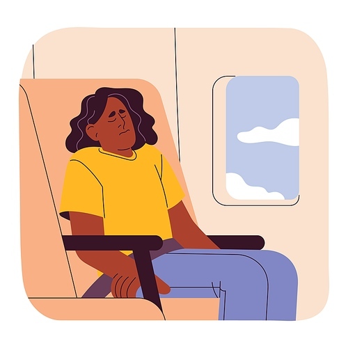 Stressed woman with air flight and airplane phobia. Afraid scared worried person flying with fear of plane travel. Passenger in anxiety and panic. Aerophobia concept. Flat vector illustration.
