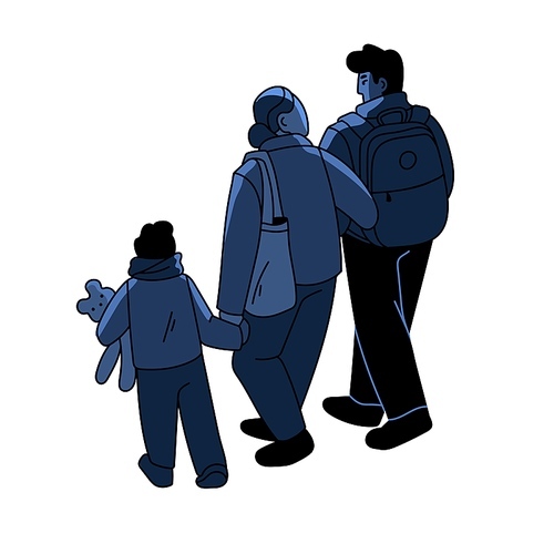 Sad family leaving, going away together. Parents and kid refugees departing. Mother, father and child in problem, difficulty, crisis. Flat graphic vector illustration isolated on white background.