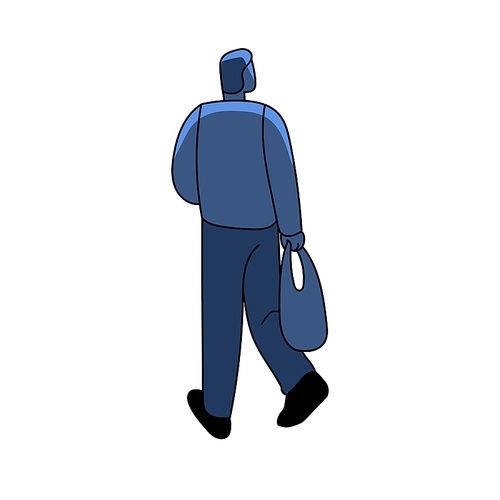 Sad man, back view, going away. Wanderer, stranger at night. Depressed person wandering, roaming, leaving with bag. Problem, crisis concept. Flat vector illustration isolated on white background.