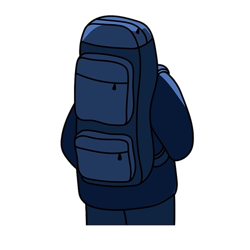 Backpacker at night, back rear view. Tourist with big huge bag, backpack, luggage from backside. Stranger with baggage during relocation. Flat vector illustration isolated on white background.