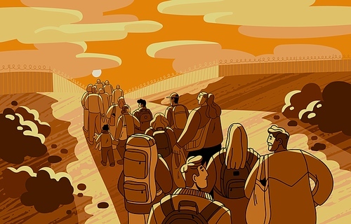 Migration crisis concept. Migrants crowd queue, many refugees line waiting at country border. Lot of immigrants, seekers departing, moving for political asylum, relocation. Flat vector illustration.