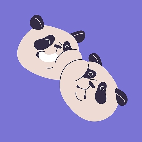 Cute panda muzzles. Couple of asian bears smile and laughing. Pair of funny happy animals faces. China fluffy character emotion, kid and childish style, sticker. Flat isolated vector illustration.