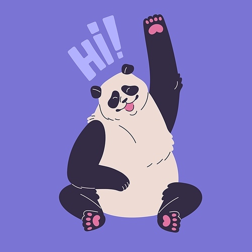 Cute joy panda greeting. Happy Asian bear salute. Funny furry animal says hi, hello. Big fluffy character sitting, smile and laughing, kid, childish style, sticker. Flat isolated vector illustration.