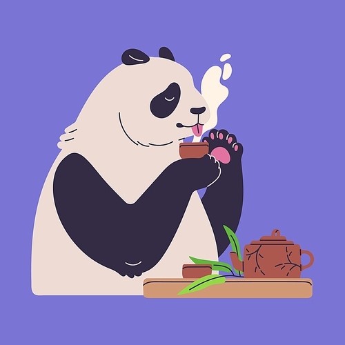 Cute panda tea ceremony. Happy fluffy Asian bear drink hot leaf beverage from ceramic teapot and lovely cup. Funny Chinese animal relax, eating, kid, childish style. Flat isolated vector illustration.