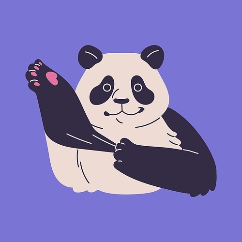 Cute panda put on furry costume. China fluffy bear wearing gloves, smile and joy. Fuzzy nice animal, funny character, white head with black paws, kid, childish style. Flat isolated vector illustration.