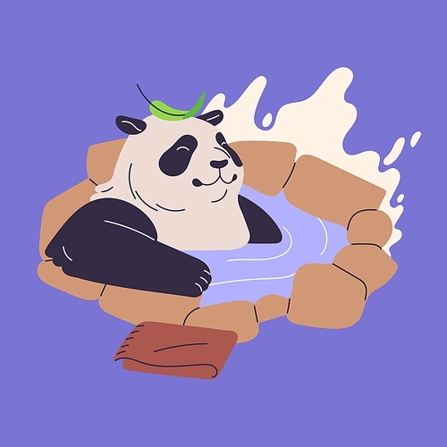 Cute panda rest in onsen. Fluffy asian bear bathe in hot spring, happy jungle character sitting in pond and smile, glad plump chinese animal relax and lying in water. Flat isolated vector illustration.
