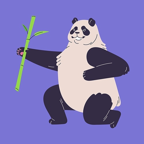 Cute panda do kung fu. Fluffy Asian bear try yoga, happy jungle character exercise with bamboo stick, plump Chinese animal do sport, training and workout with pole. Flat isolated vector illustration.
