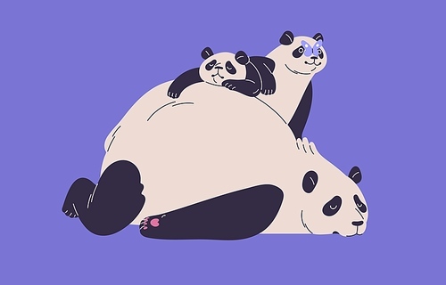 Cute panda family. Funny Asian bear, fluffy babies, tired mother sleep, animals spend time together, motherhood and childhood concept. Happy character rest with kids. Flat isolated vector illustration.