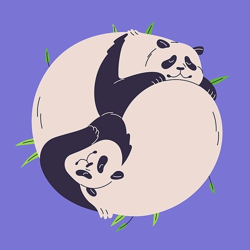 Cute panda yin yang concept. Funny Asian bear sleep, happy fluffy animals relax. Tired furry couple, Chinese family rest at round, smile and lying, lovely zoo pair. Flat isolated vector illustration.