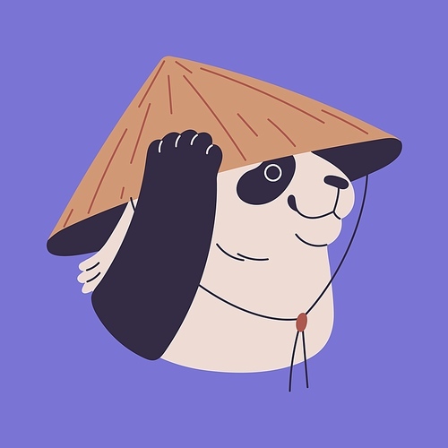 Cute panda in traditional chinese, conical, rice hat. Fluffy asian bear put on headdress on furry head, lovely animal muzzle with headwear from bamboo. China culture. Flat isolated vector illustration.