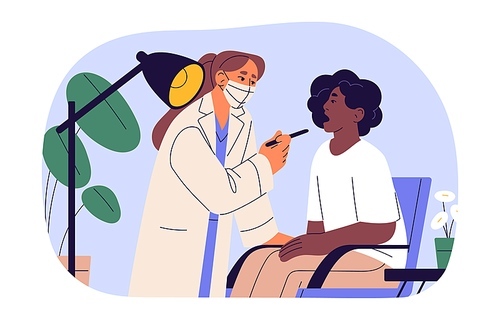 Medical examination and treatment. People make checkup and diagnostic in clinic, sick patient in consultation, therapist, gp doctor in uniform check health. Flat isolated vector illustration on white.
