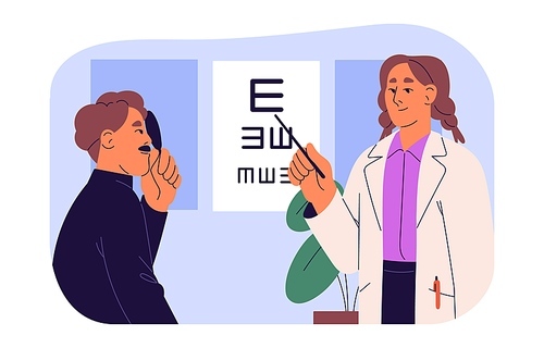 Medical examination, health checkup, eye chart exam. Ophthalmologist, oculist, optician, optometrist, doctor diagnoses poor vision, patient checks eyesight. Flat isolated vector illustration on white.