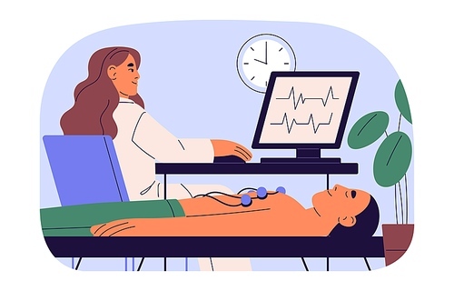 Cardiologist check ECG, EKG, cardiogram and electrocardiogram, patient care about health, treatment of heart disease. Cardio doctor in hospital. Flat isolated vector illustration on white background.