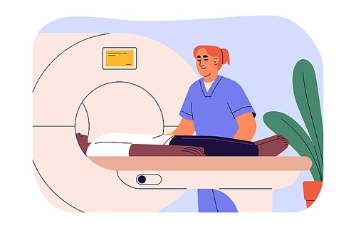 Doctor doing tomography to patient. MRI scanning, medical examination, checkup of health, computer diagnostic in hospital, clinic. Nurse do CT, scan brain. Flat isolated vector illustration on white.