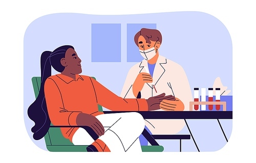 Nurse take blood collection for analysis, testing. Patient on medical examination, checkup health in clinic. Laboratory assistant doing diagnostic, sampling. Flat isolated vector illustration on white.