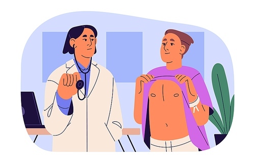 GP doctor listen breathing, lungs, heart with stethoscope in hospital. Medical examination, treatment, health checkup. Therapist consult patient, check body. Flat isolated vector illustration on white.