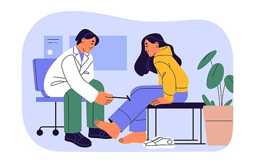Doctor testing reflex. Neurologist chek nerve, medical examination and neurological diagnostic in hospital. Patient in neurology consultation. Flat isolated vector illustration on white background.