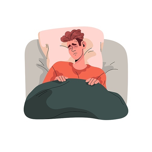 Man sleep and see nightmare, sweat in bed, top view. Asleep people watch anxiety dream at night, sad sleeper has disorder, problems with rest and relax. Flat isolated illustration on white background.