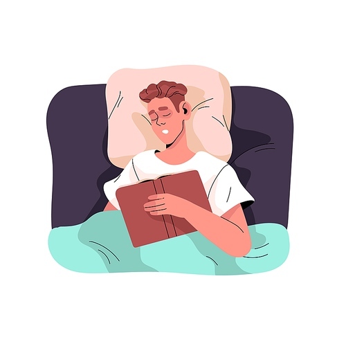 Tired man sleep with book in bed. People reading boring novel for night, asleep person rest, nap on pillow, sleeper lying under blanket, top view. Flat isolated vector illustration on white background.