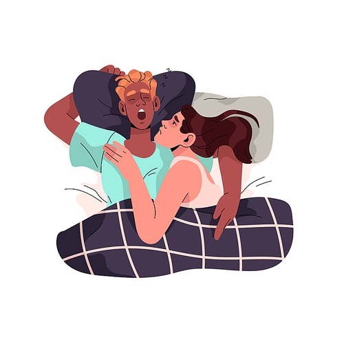 Cute couple sleep in bed. Asleep man snoring, sleepy woman lying with insomnia, top view. People relax, rest and cuddle at night in relationship. Flat isolated vector illustration on white background.