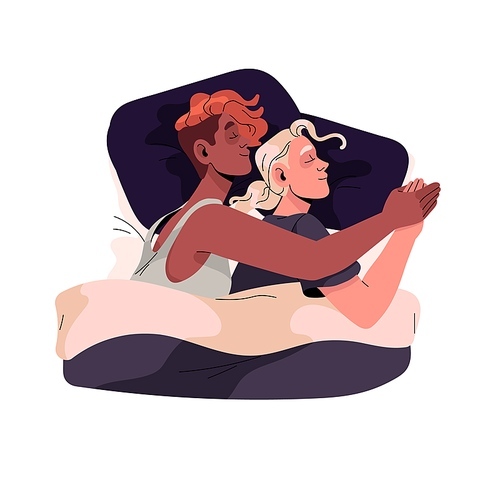 Homosexual couple sleep at night. Asleep LGBT people cuddle, relax in bed, relaxed partners lying and nap on pillow, cute relationship, top view. Flat isolated vector illustration on white background.