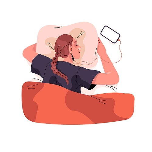 Young woman sleep with smartphone in bed. Asleep girl listen music by headphone at night, people rest with smart phone and hug pillow, top view. Flat isolated vector illustration on white background.