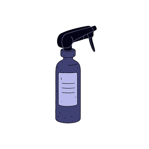 Spray bottle with trigger pump for cosmetic and tattoo ink, liquid. Plastic packaging with pistol cap. Sprayer pack with nozzle, dispenser. Hand-drawn vector illustration isolated on white background.