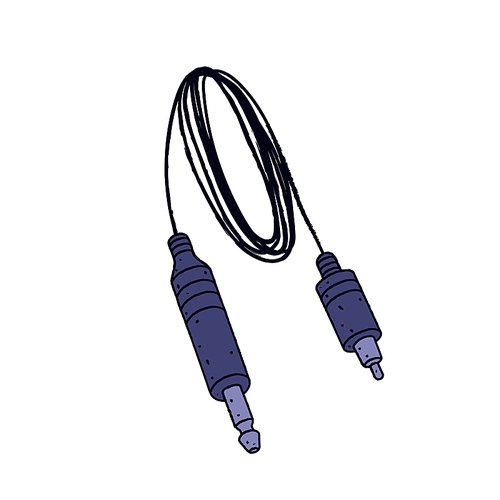 RCA cable. Cord for tattoo machine. Electric wire with plugs. Connector for tattooists professional equipment, ink device. Hand-drawn vector illustration isolated on white background.