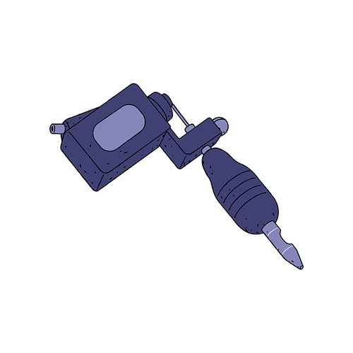 Rotary tattoo machine. Professional ink tool with gun and cartridge. Tattooists equipment. Realistic device, instrument. Contoured hand-drawn vector illustration isolated on white background.