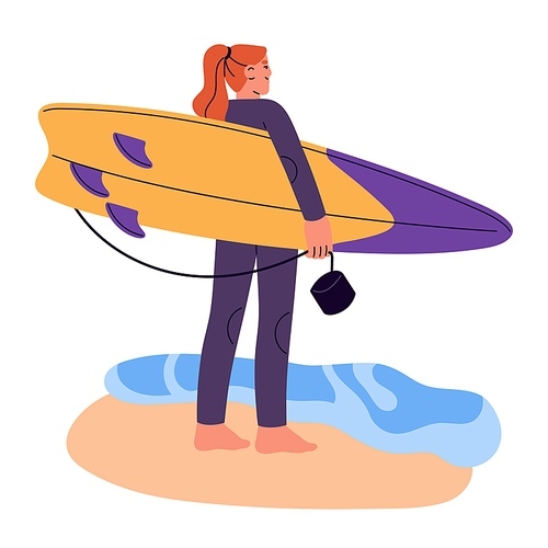 Girl surfer standing at sea coast, seashore. Woman holding water board in hand, waiting for wave to surf. Summer holiday activity at seaside. Flat vector illustration isolated on white background.