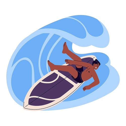 Boy falling off surfboard into sea water. Young man surfing, doing extreme sport activity on summer holidays, vacation. Scared surfer under wave. Flat vector illustration isolated on white background.