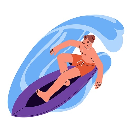 Active young man riding surfboard. Happy surfer catching a wave on board in ocean or sea. Boy surfing on summer holidays. Extreme water sport. Flat vector illustration isolated on white background.